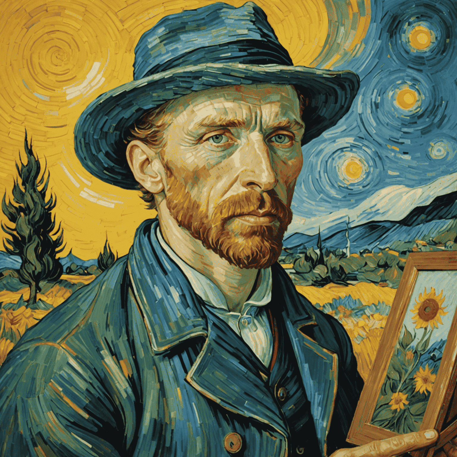 A self-portrait of Vincent van Gogh, showcasing his distinctive brushwork and vibrant color palette. The artist gazes intently at the viewer, his expression a mix of intensity and introspection.