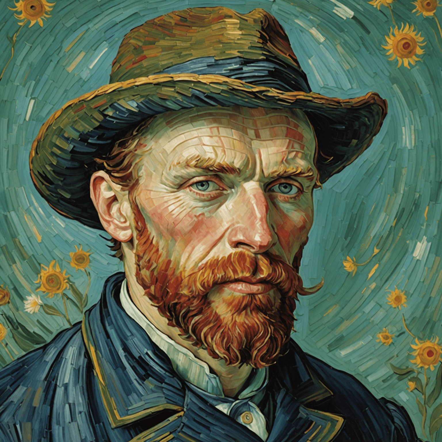 A detailed self-portrait painting of Vincent van Gogh, showcasing his iconic red beard and intense gaze. The brushstrokes are thick and expressive, capturing the artist's unique style.