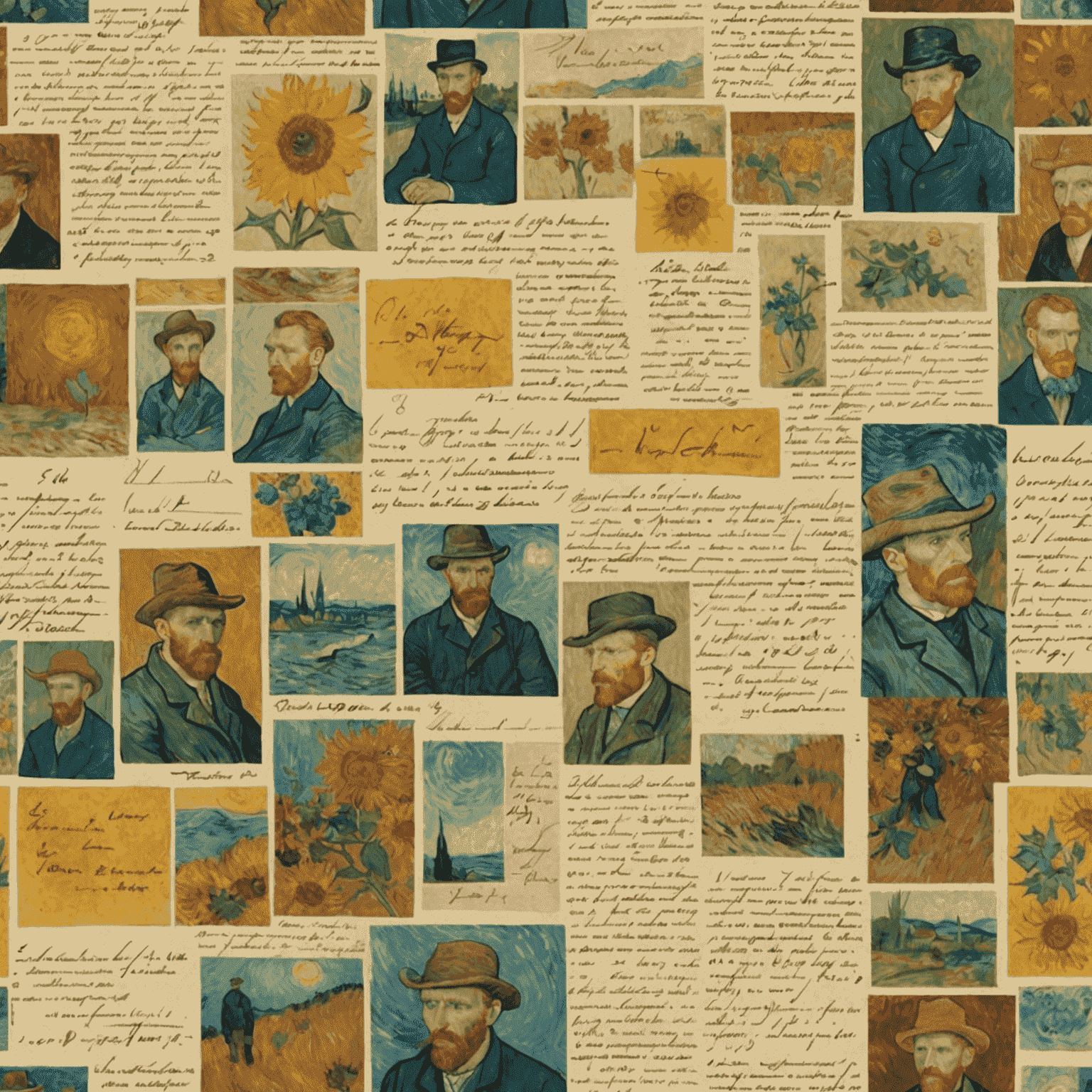 A collage of Vincent van Gogh's handwritten letters, sketches, and paintings, showcasing the depth and intimacy of his personal correspondence.