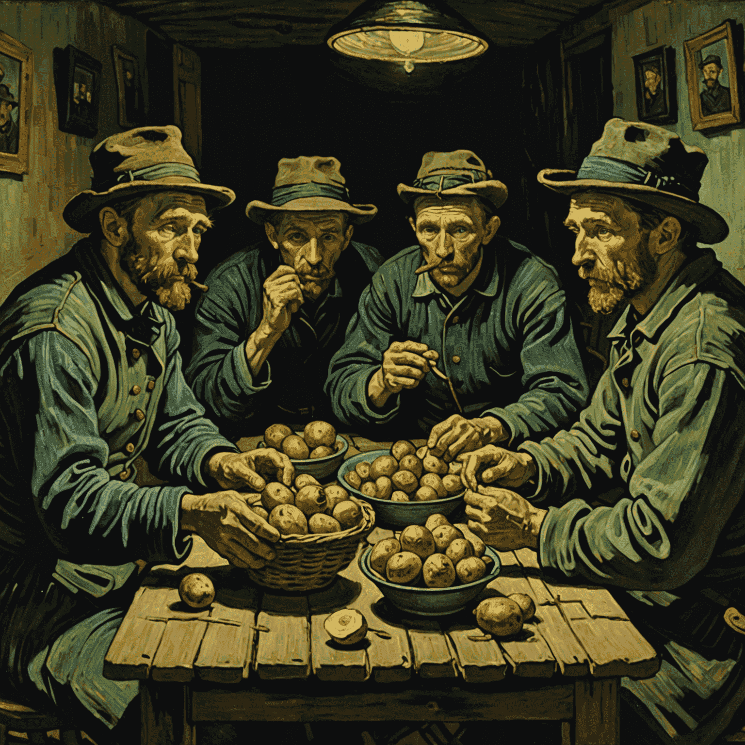 The Potato Eaters painting by Vincent van Gogh, depicting a group of peasants gathered around a table eating potatoes in a dimly lit room