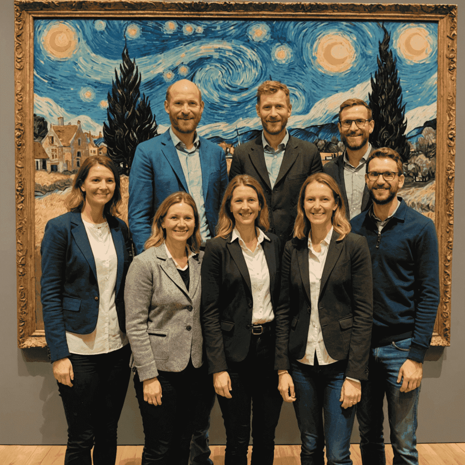 A group photo of the MuseumAmsterdam staff, standing in front of a large Van Gogh painting. The team appears friendly and professional, with a diverse range of ages and backgrounds.