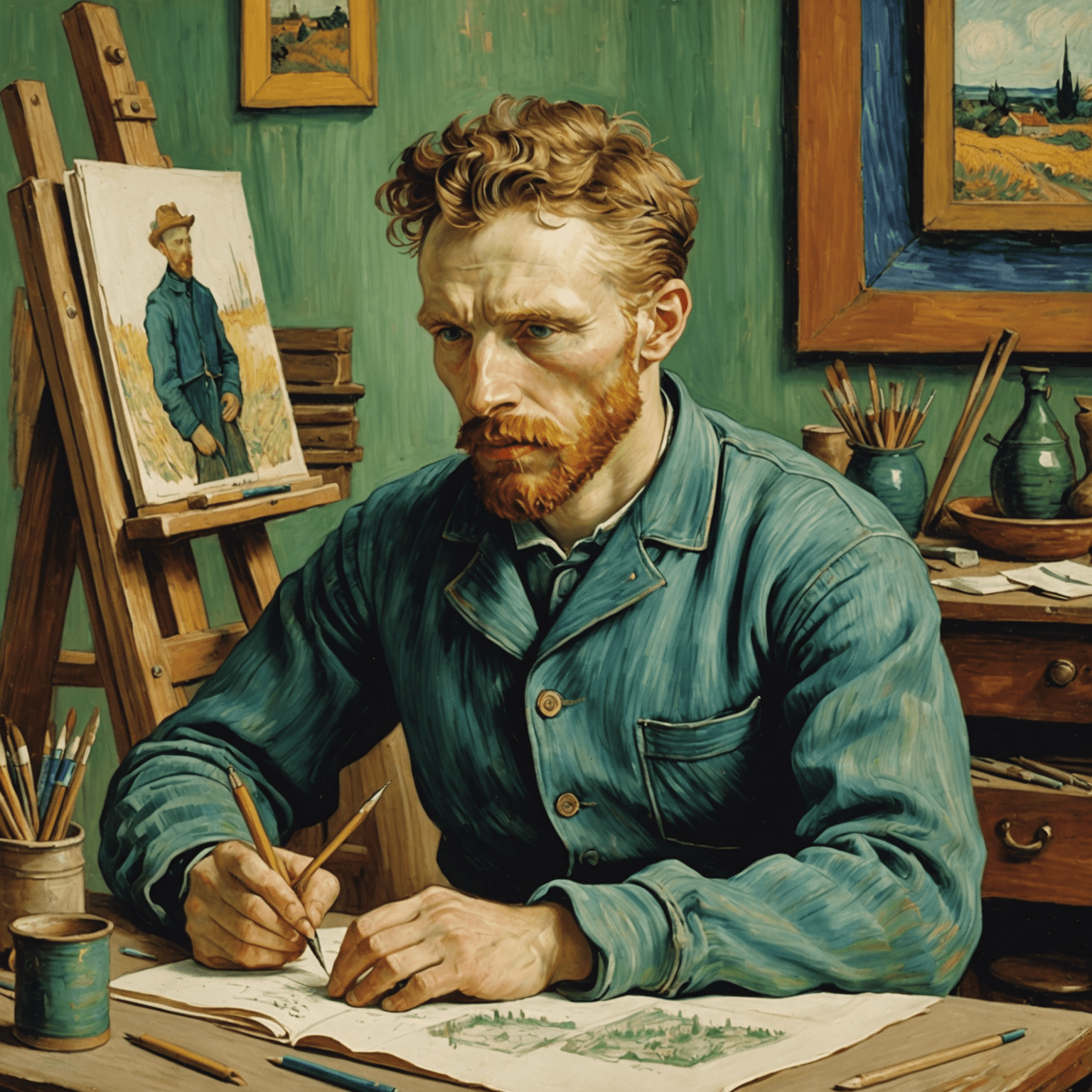 A young Vincent van Gogh working on his early sketches and paintings, showcasing his developing style and technique.