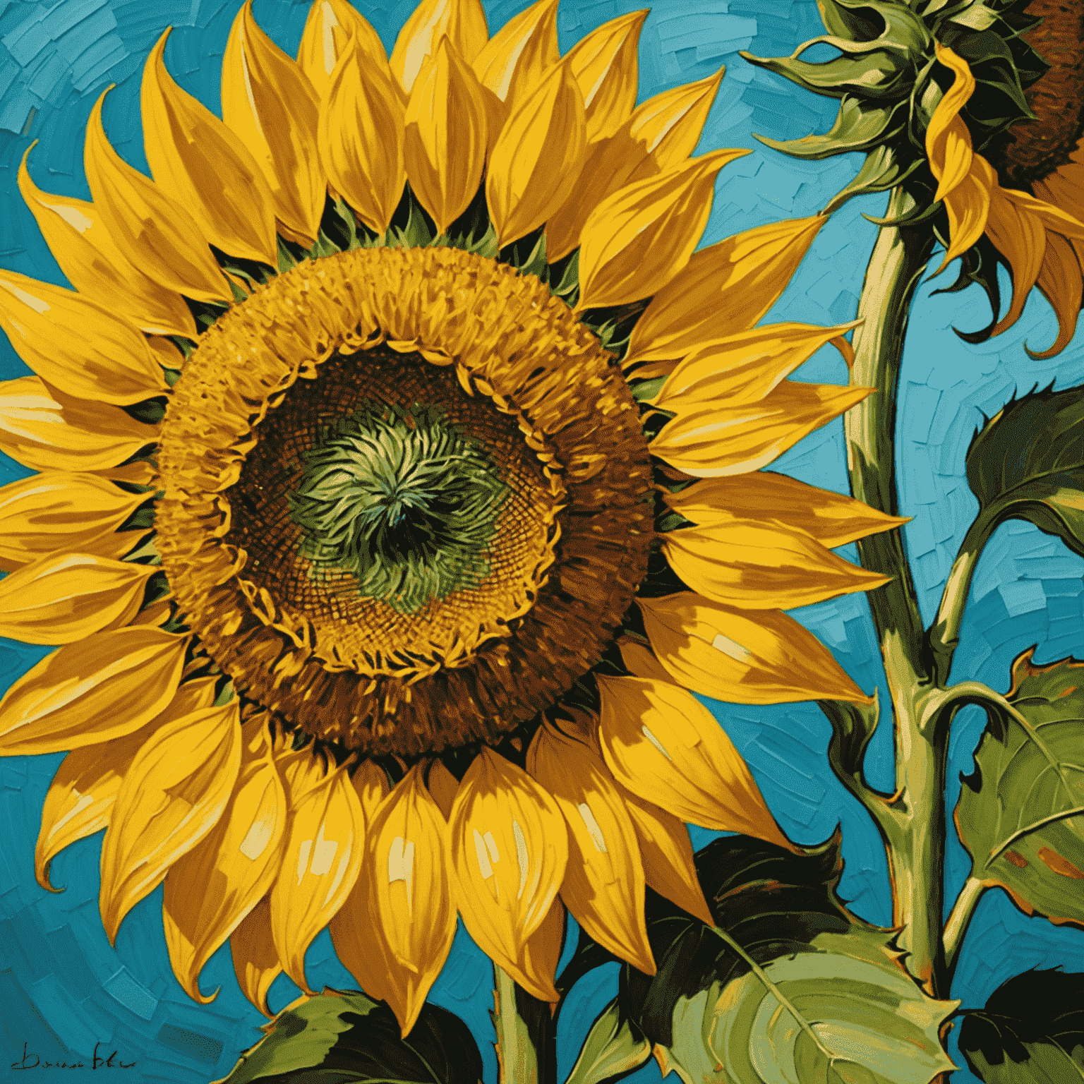 A close-up view of one of Van Gogh's Sunflowers paintings, highlighting the vibrant colors and expressive brushstrokes that define this iconic series.