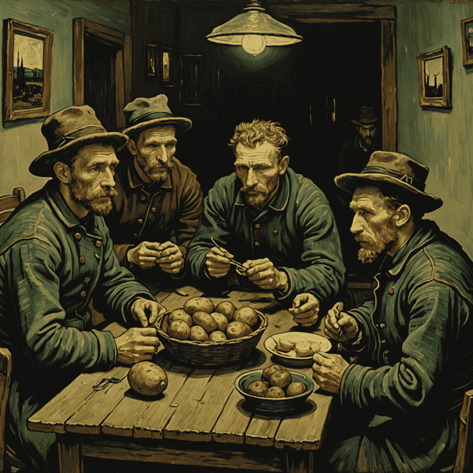 Vincent van Gogh's painting 'The Potato Eaters' (1885), depicting a group of peasants gathered around a table, showcasing his early use of dark earthy tones and his interest in portraying the lives of the working class.