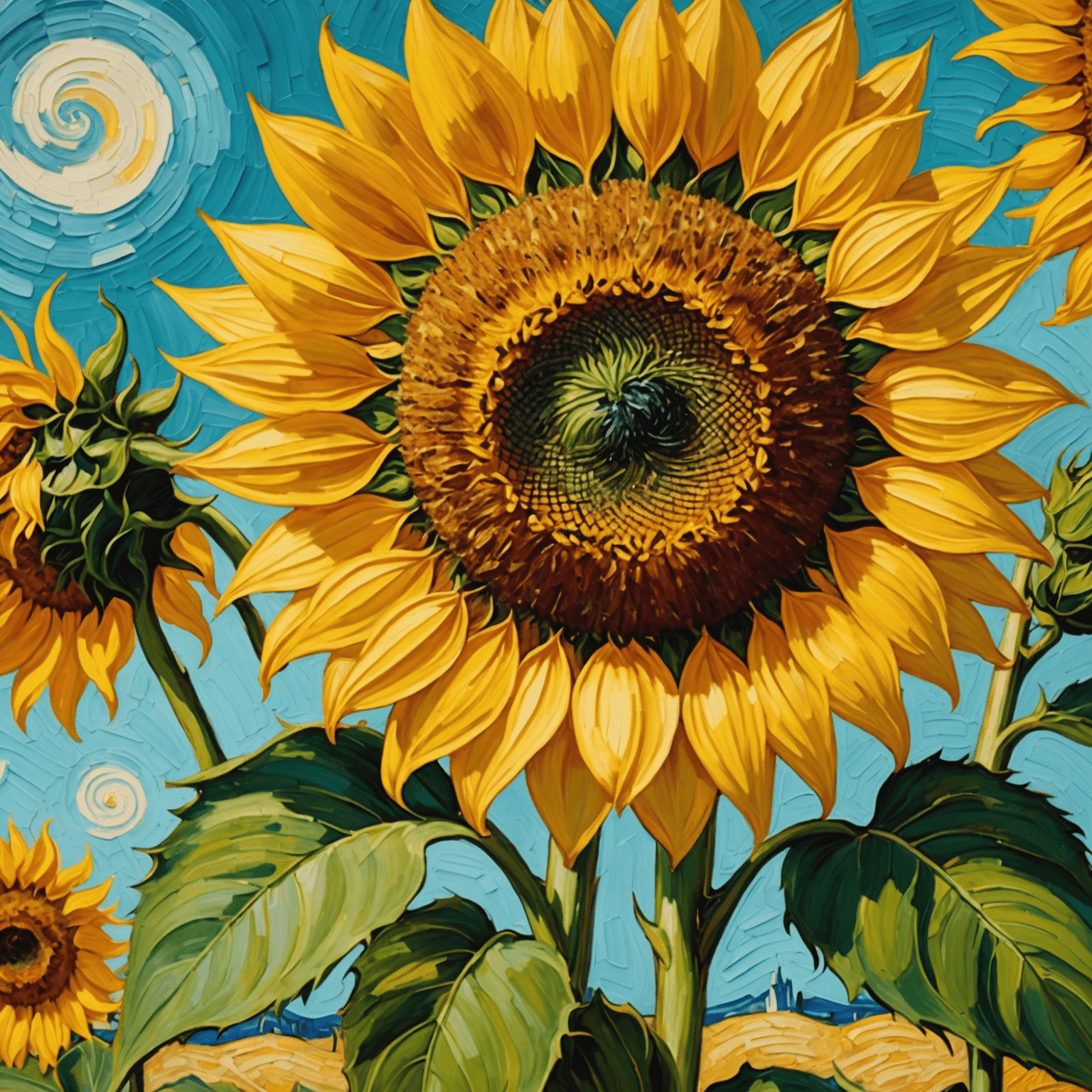 A close-up view of one of Van Gogh's Sunflowers paintings, showcasing the thick brushstrokes and vibrant colors