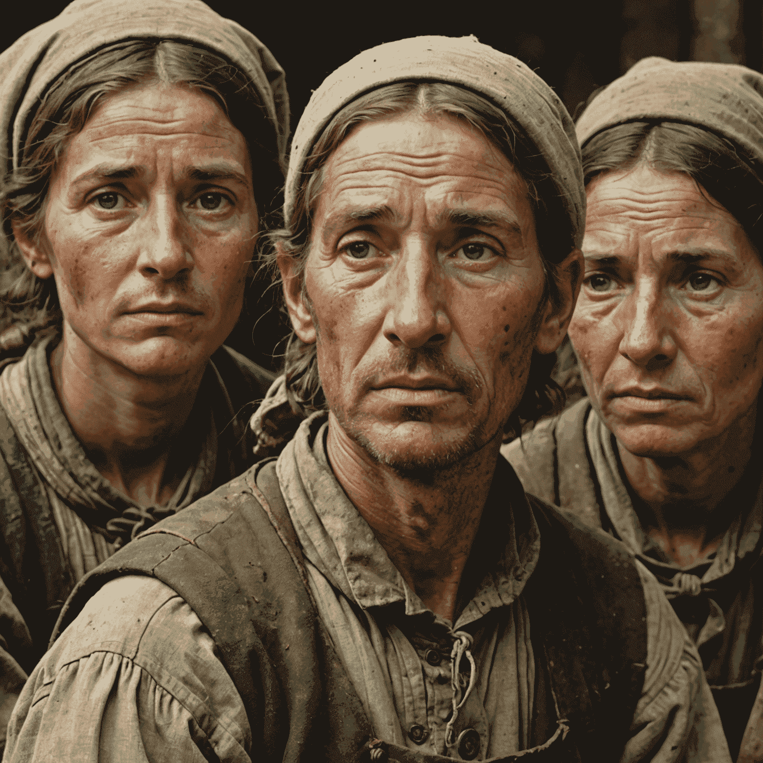 Close-up view of the faces of the peasants in The Potato Eaters, showcasing their rough, weathered features and solemn expressions