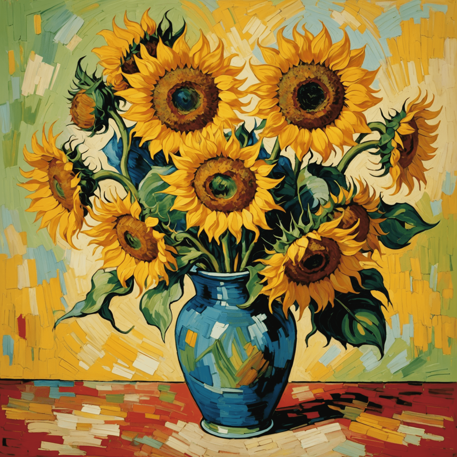 A vibrant display of Van Gogh's famous Sunflowers paintings, showcasing the bold colors and expressive brushstrokes that define this iconic series.