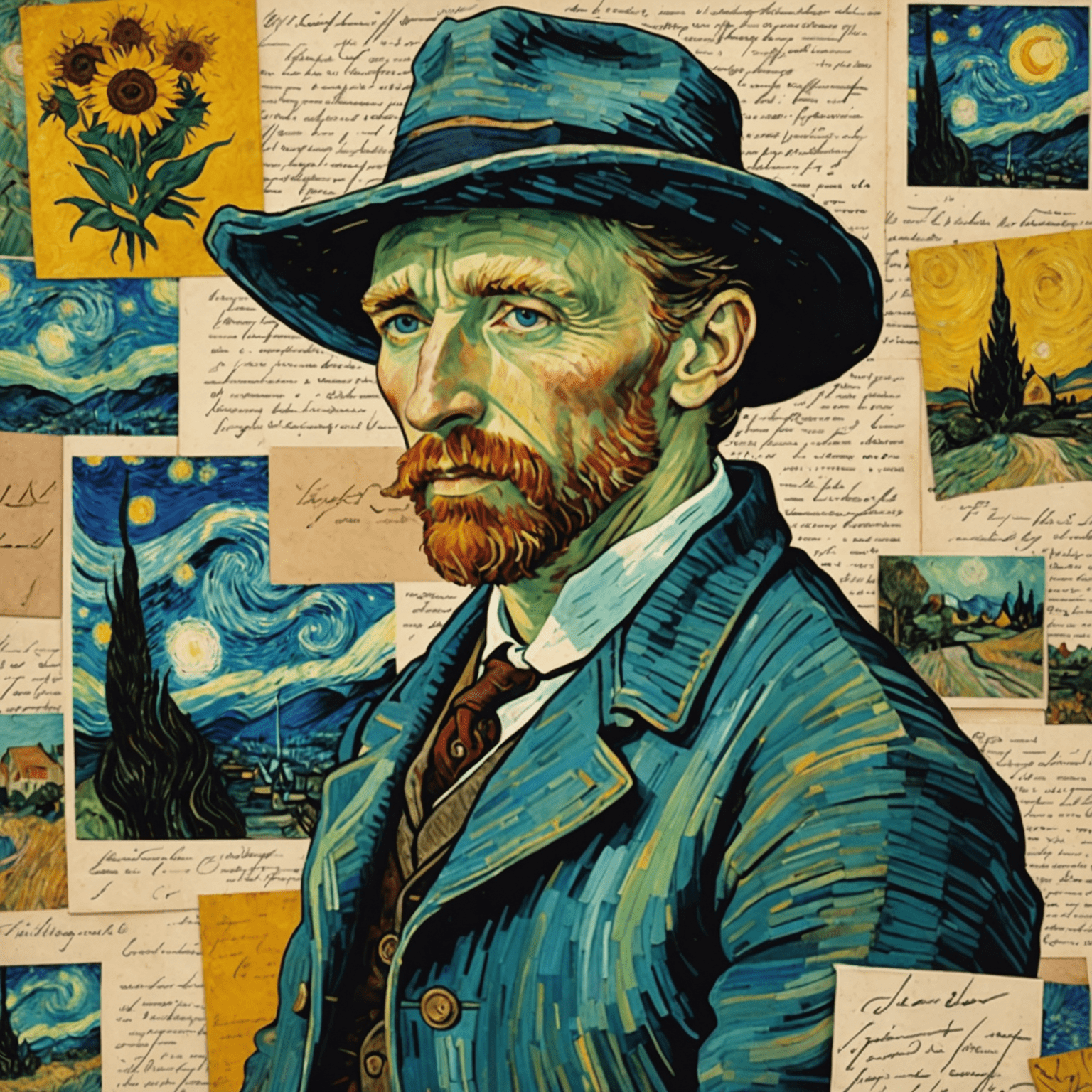 A collage of handwritten letters by Vincent van Gogh, accompanied by images of the artist and his paintings, providing a glimpse into his inner thoughts and struggles.