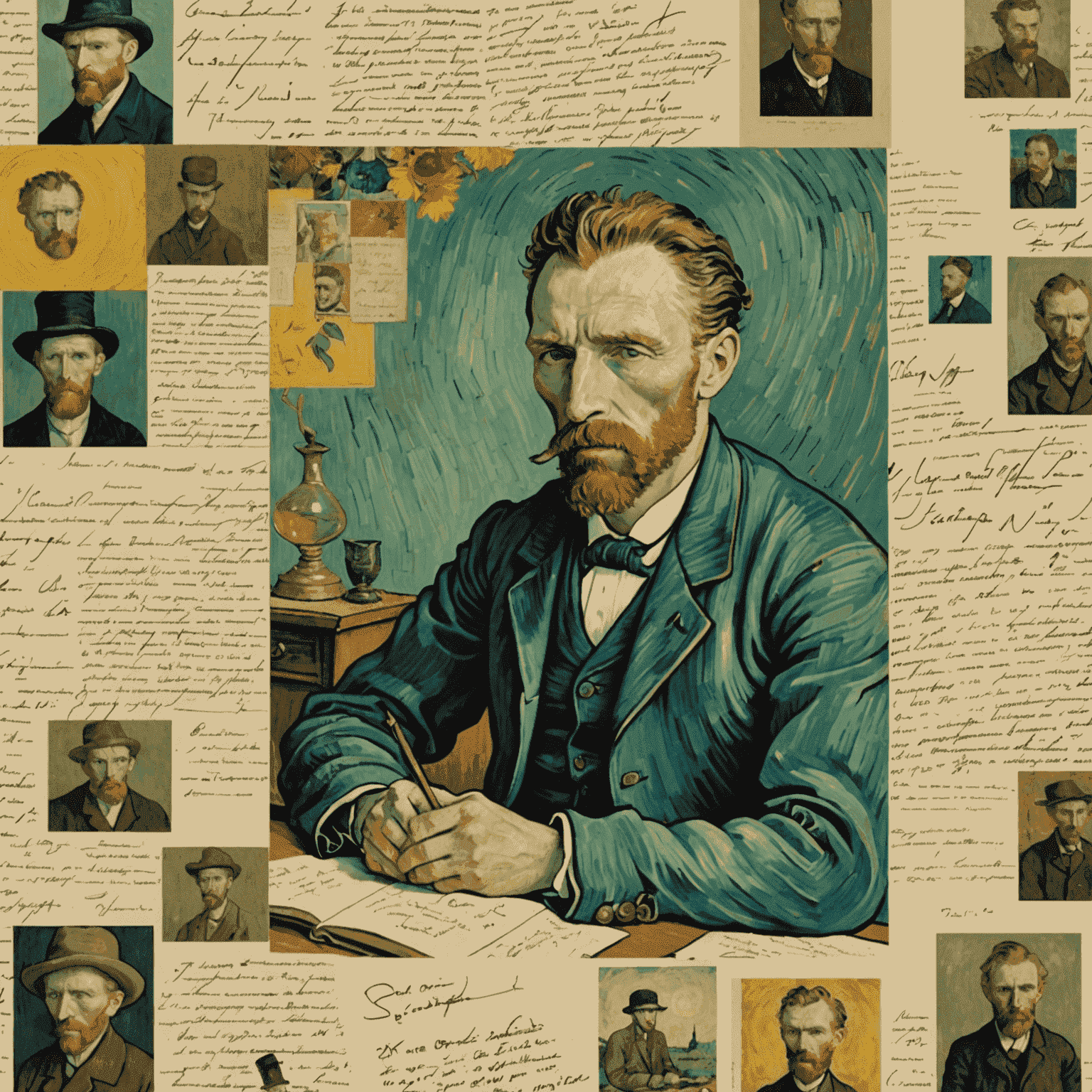 A collage of Vincent van Gogh's handwritten letters, accompanied by images of the artist and his works, illustrating the deep insights and emotions conveyed in his correspondence.