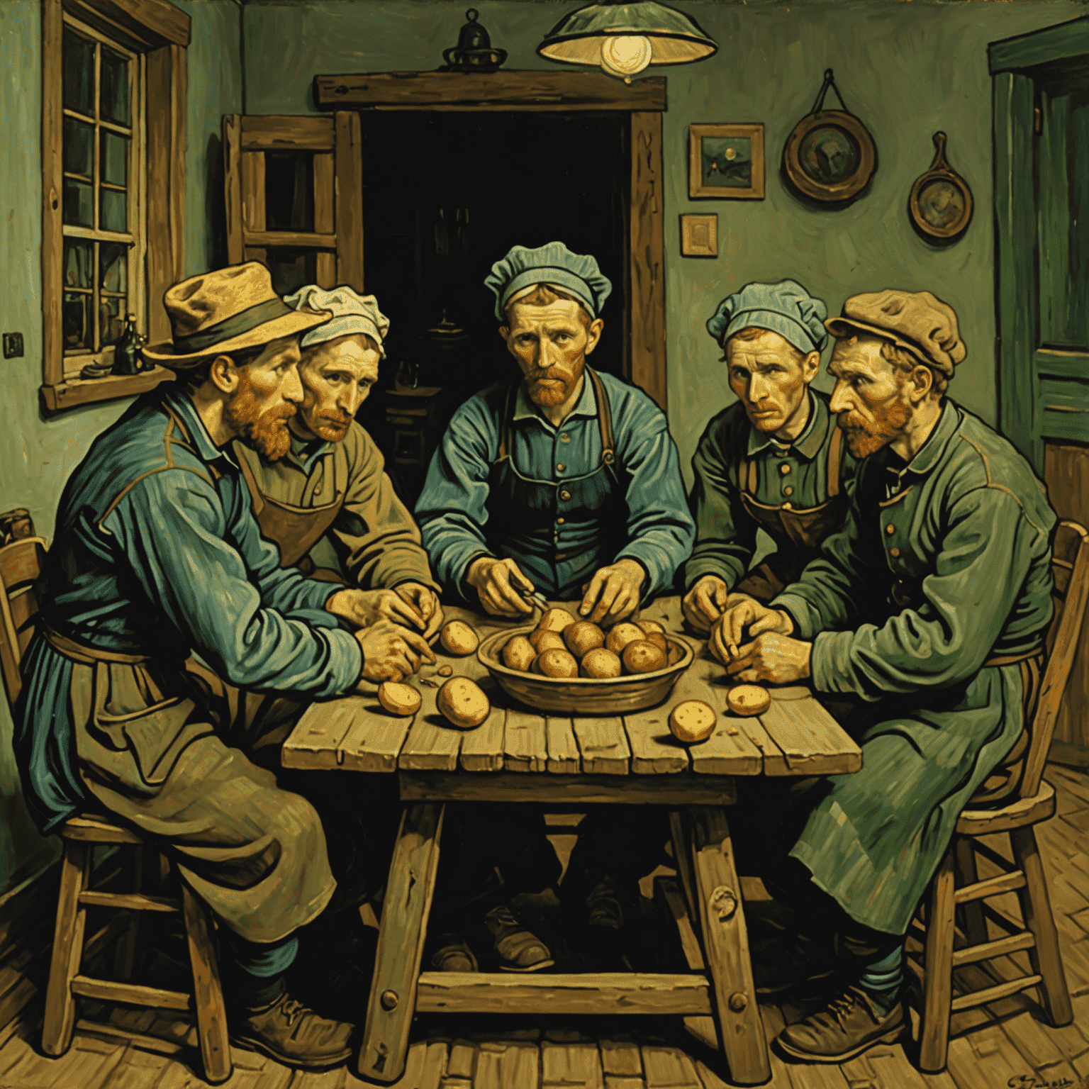 An image of Van Gogh's painting 'The Potato Eaters', depicting a group of peasants gathered around a table, showcasing the artist's early interest in portraying the lives of the working class.