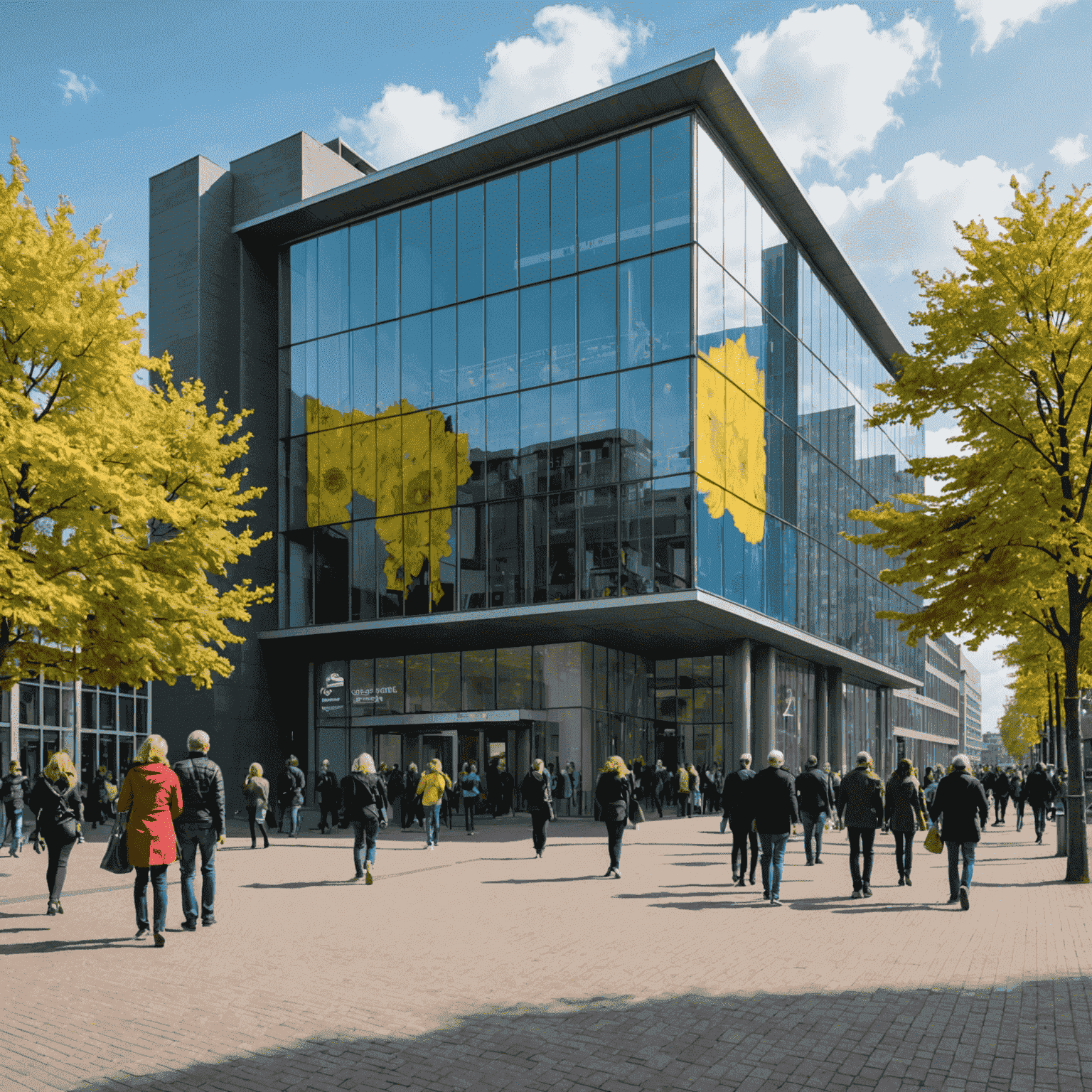 An exterior view of the Van Gogh Museum in Amsterdam, with visitors entering the building, showcasing the modern architecture and inviting atmosphere.